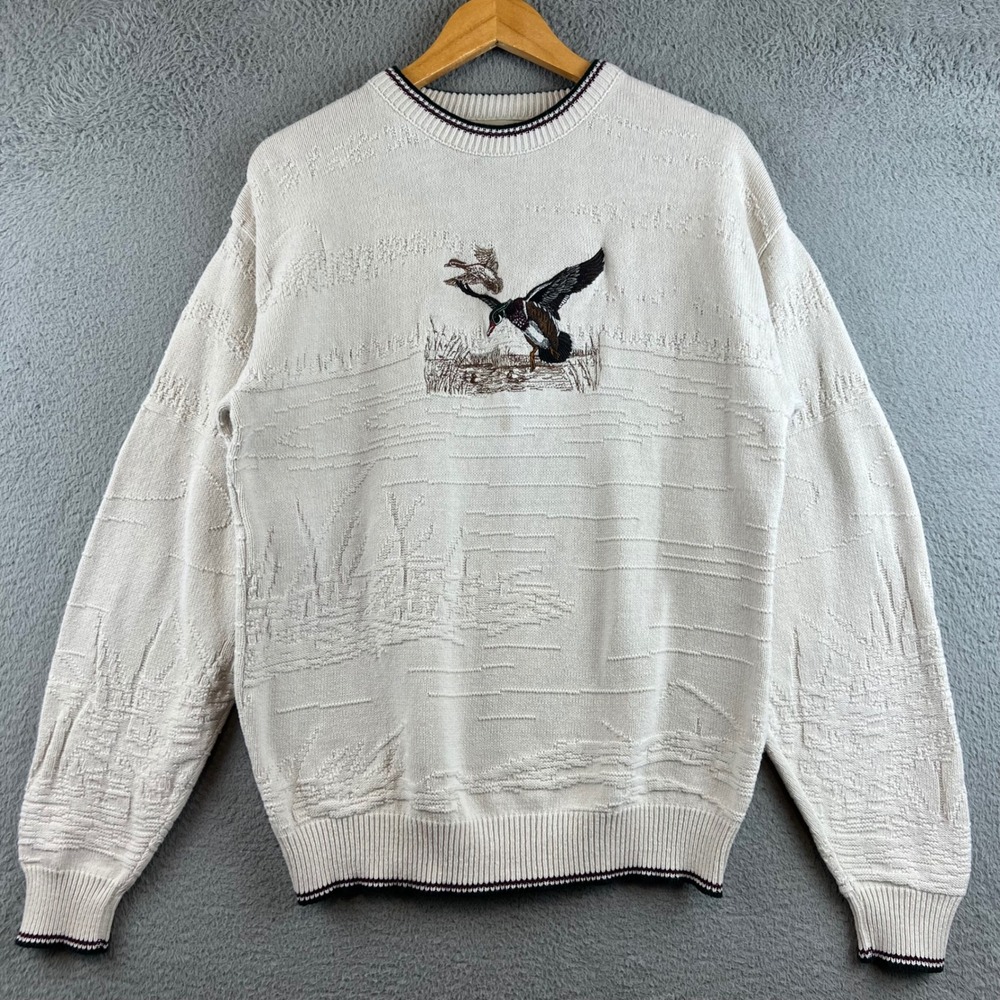 Vintage Fieldmaster Mens Medium Cream Duck Embroidered Textured Cotton Sweater